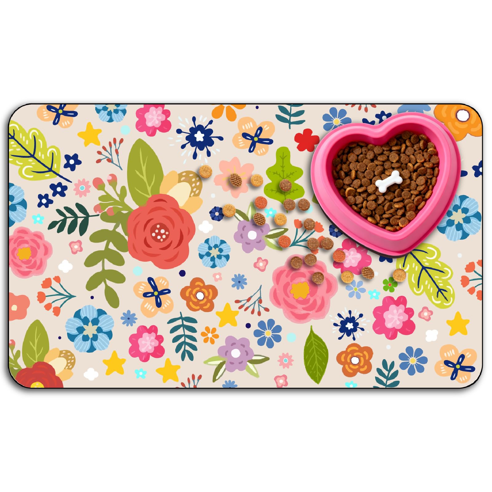 PRESSINART Flower Pet Mat Pet Food Mats Colorful Floral Pattern Rectangle Diatomaceous Earth Absorbent Quick Dry Pet Feeding Placemats Protect Floors for Food and Water Bowls Supplies 20 x 12 Inch