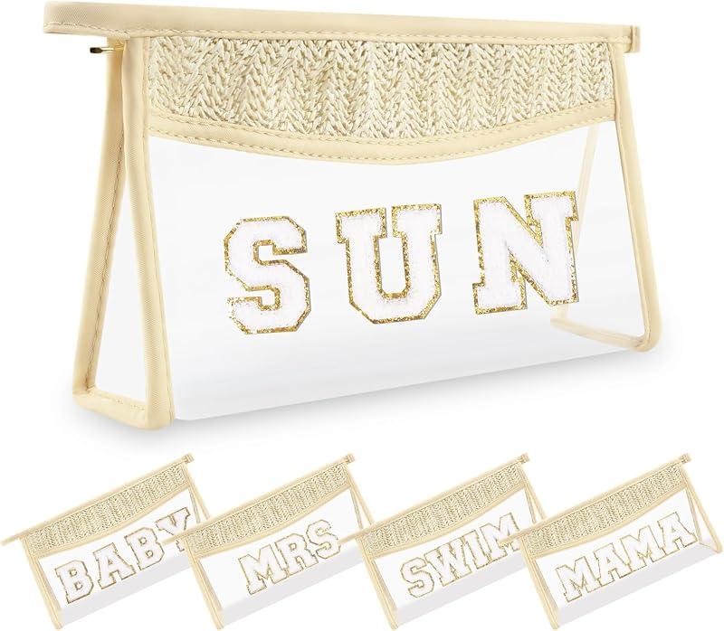 Necessaire transparente UIXIZQ de palha com zíper e patch de letra, Beige Sun, Pacote com 1