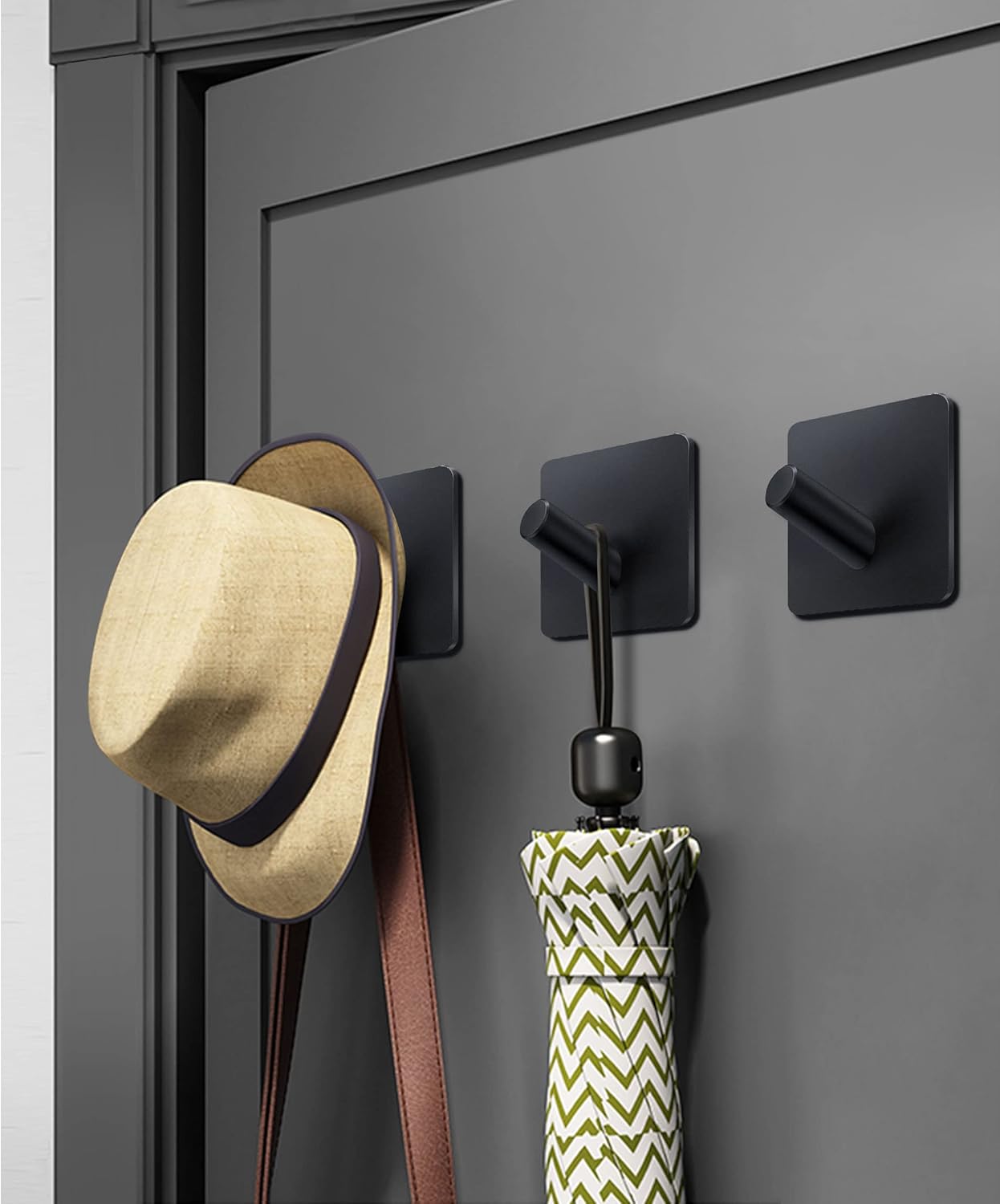 xdgeLoad Heavy Duty Hooks - 5 Pack, Non-Punching Self-Adhesive Wall Hooks for Bathrooms/Coat/Robe/Kitchen, Matte Stainless Steel Black