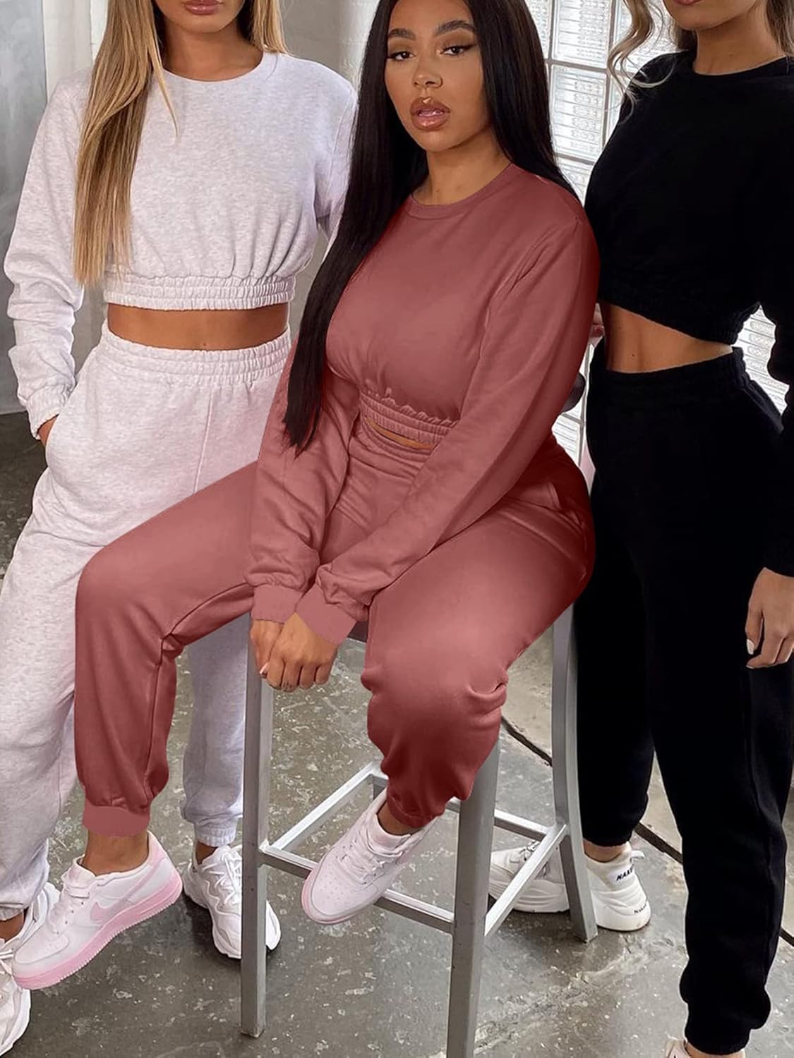 Mokoru Women's Workout 2 Piece Outfits Tracksuit Long Sleeve Crop Tops Joggers Pants Sets Sweatsuits - Image 6