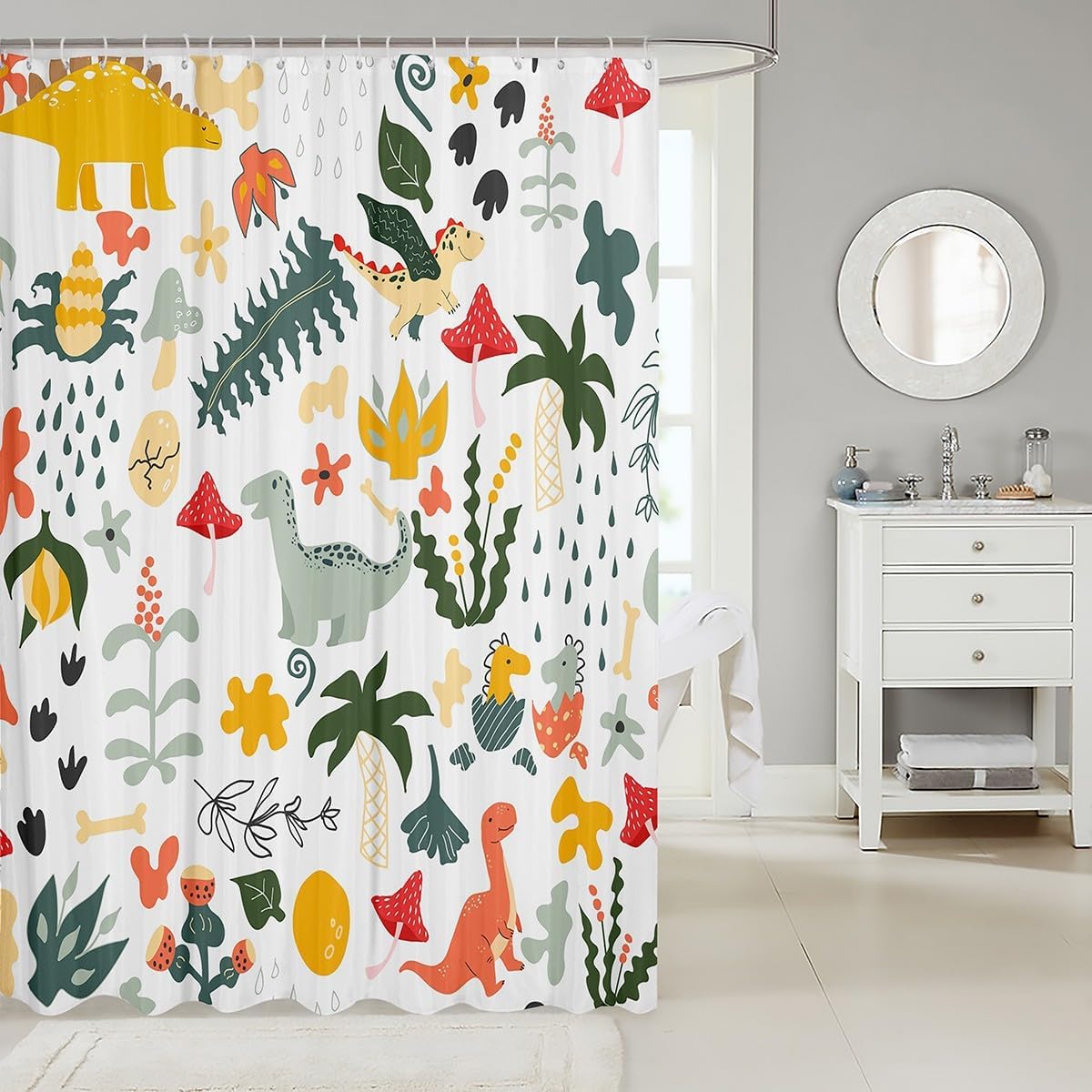 Feelyou Dinos Shower Curtain Cartoon Dinosaur Bath Curtain for Kids Jungle Animals Shower Curtain Kids Toddler Kawaii Cartoon Animals Bathroom Accessories 72"x78"