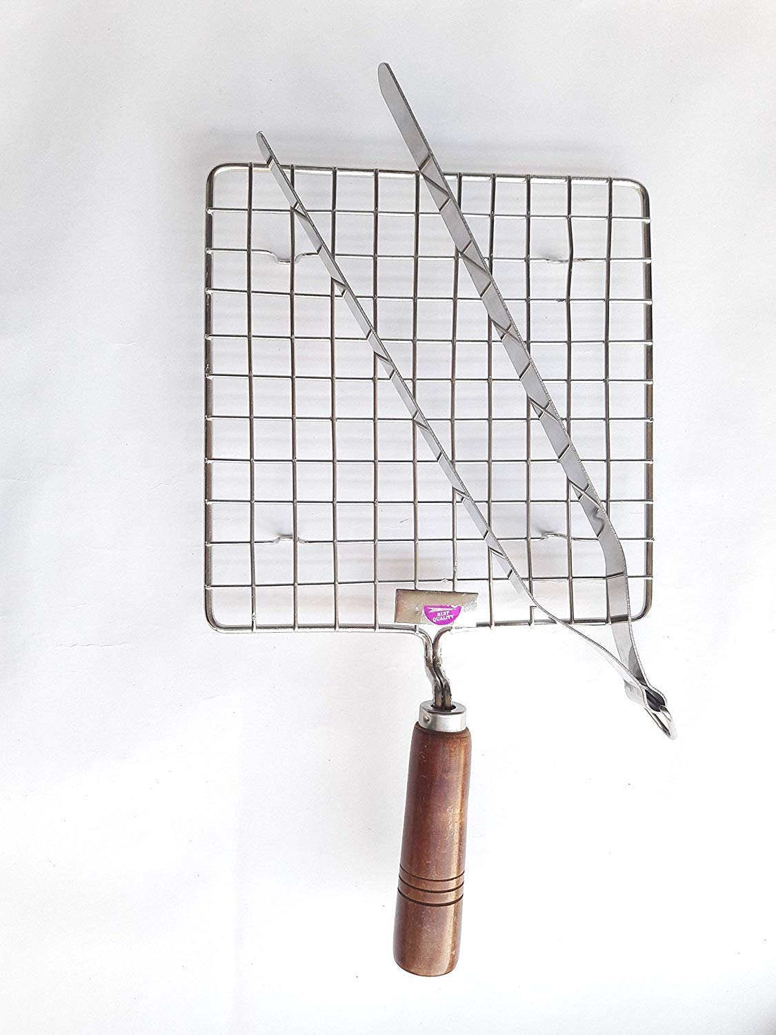 XYNO Roasting Net with Steel Tong | Stainless Steel Wire Roaster with Wooden Handle | Papad Jali, Roti Grill, Chapati Grill β Square Roaster + 1 Tong 2