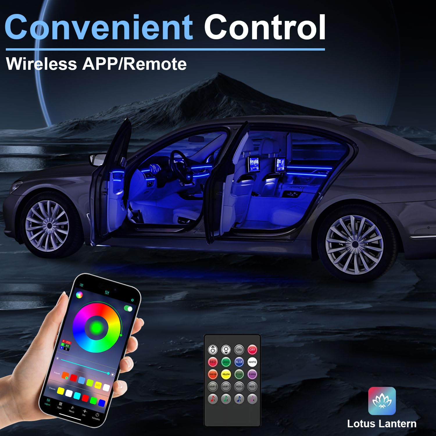 Luces LED para interiores de coche con control remoto inalámbrico APP/RF, kit de iluminación ambiental RGB 6 en 1 con fibra óptica de 315 pulgadas, tira de neón de 16 millones de colores de