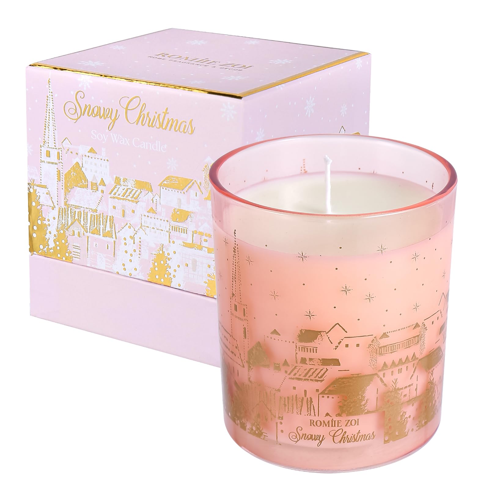 ROMIIE ZOI Vela perfumada de Navidad – Vela de cera de soja de 6 onzas, Navidad nevada, infundida con aroma navideño nevado, caja de regalo rosa y dorada empaquetada para regalo de Navidad