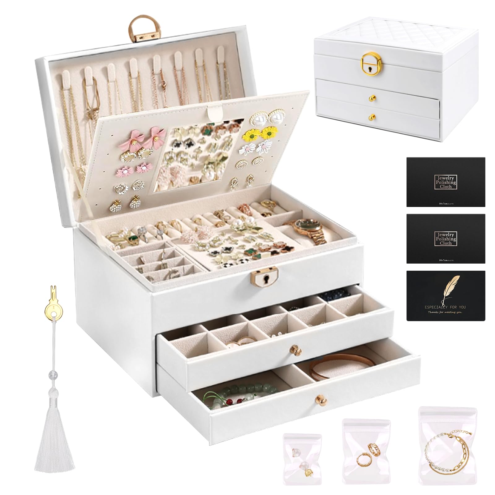 Scatola Portagioie 3 Livelli KIMIGO - Con Specchio, Cassetti E Chiave, Per Viaggio, 23x17x13,5 Cm, Velluto - Foto 2