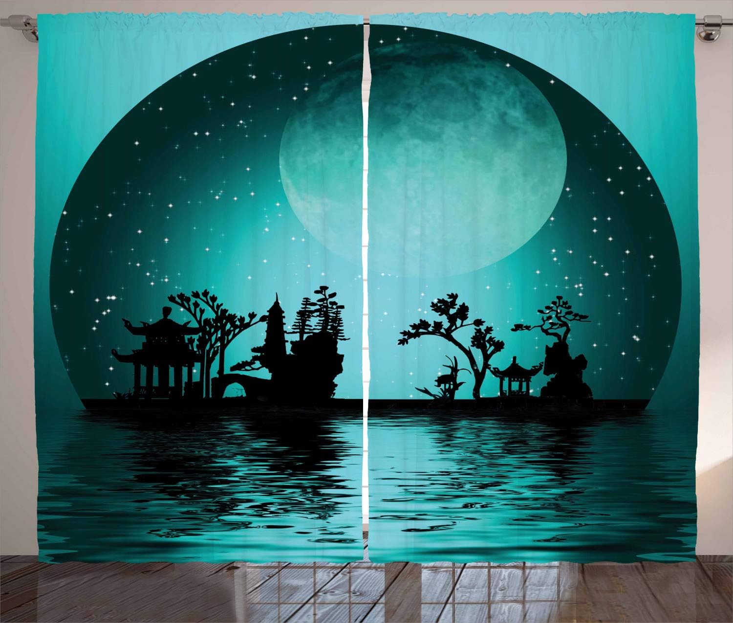 Ambesonne Asian Curtains, Landscape with Moon and Stars in The Night Sky Holiday Print, Living Room Bedroom Window Drapes 2 Panel Set, 108" X 84", Black Aqua
