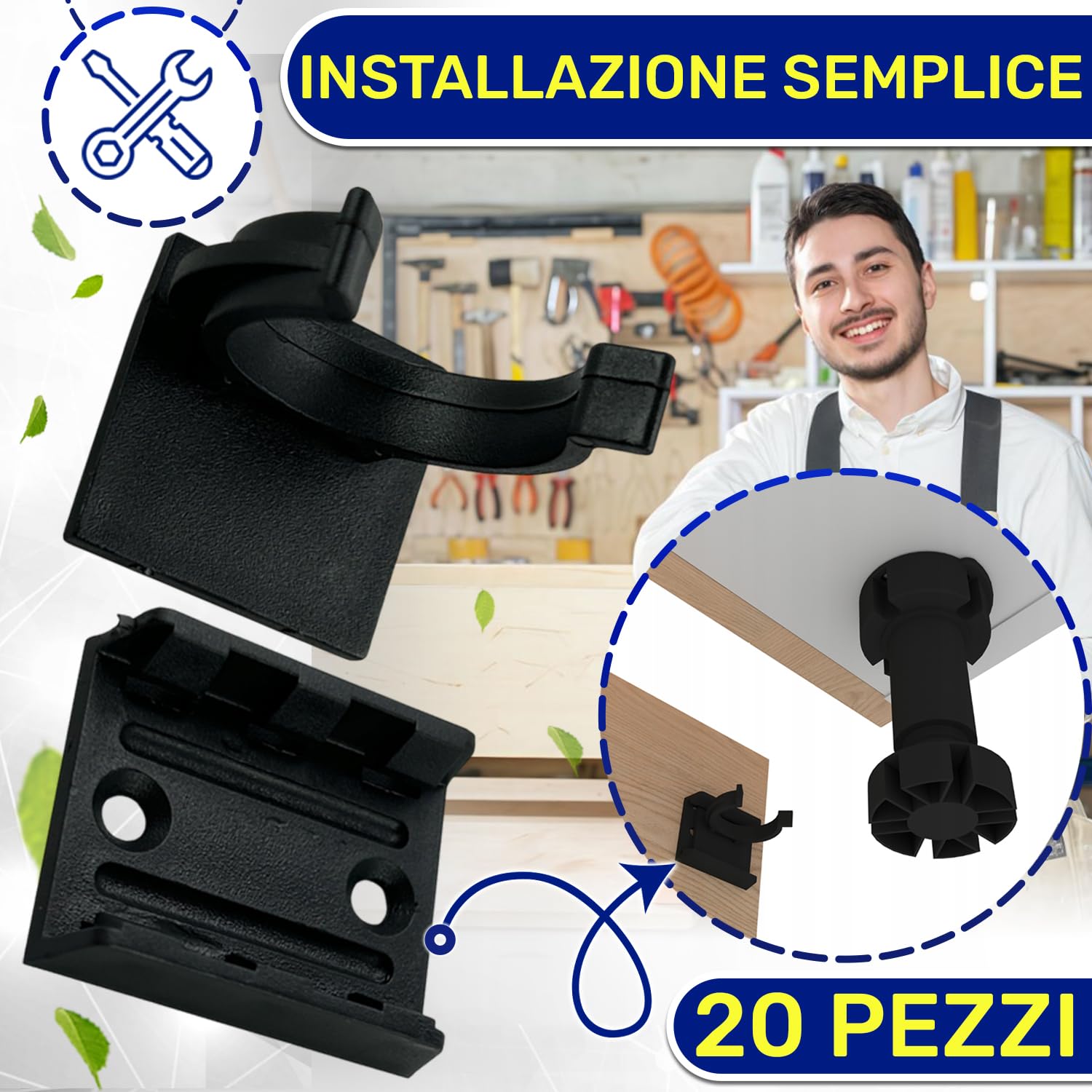20 Pezzi Ganci per Zoccolo Cucina Universale 30x34 mm per Piedini per Mobili Regolabili - Realizzato in Robusta Plastica Colore Nero - Garanzia di 10 Anni - MONTERAL