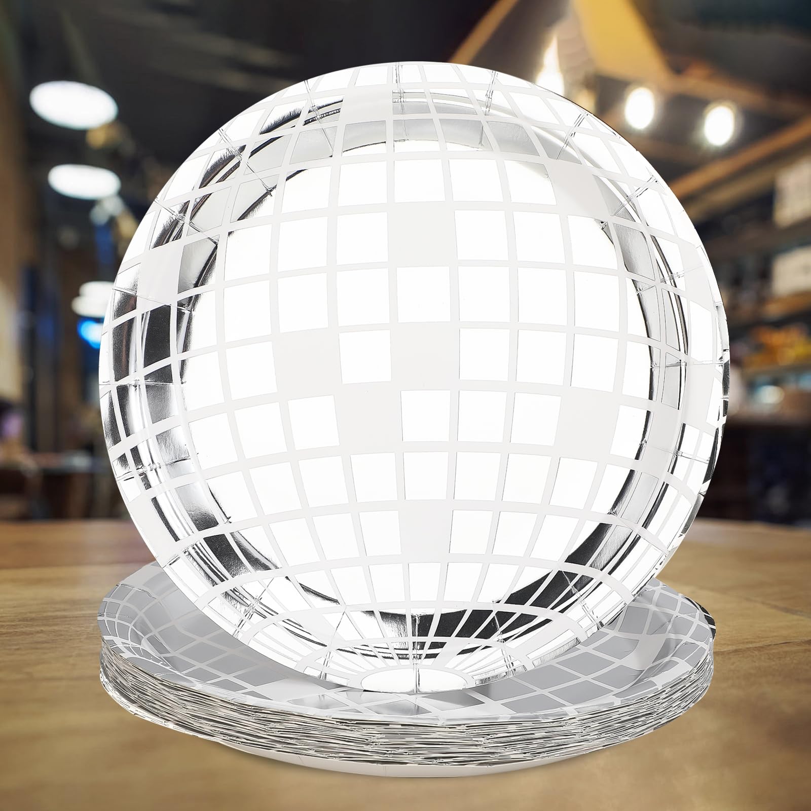 miikoul 50 platos de papel de discoteca, platos desechables de papel de aluminio plateado de los años 70, suministros de fiesta de discoteca, platos de despedida de soltera, platos de postre para