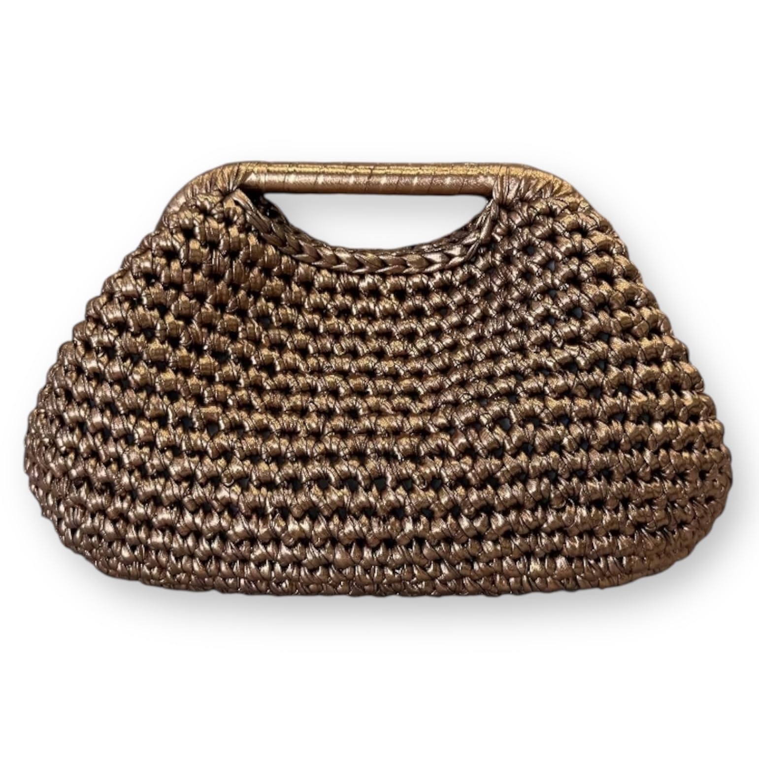 Clutch all'Uncinetto Metallizzata Bronzo, Fatta a Mano in Eco Pelle, con Tracolla Rimovibile, 28x16x14 cm