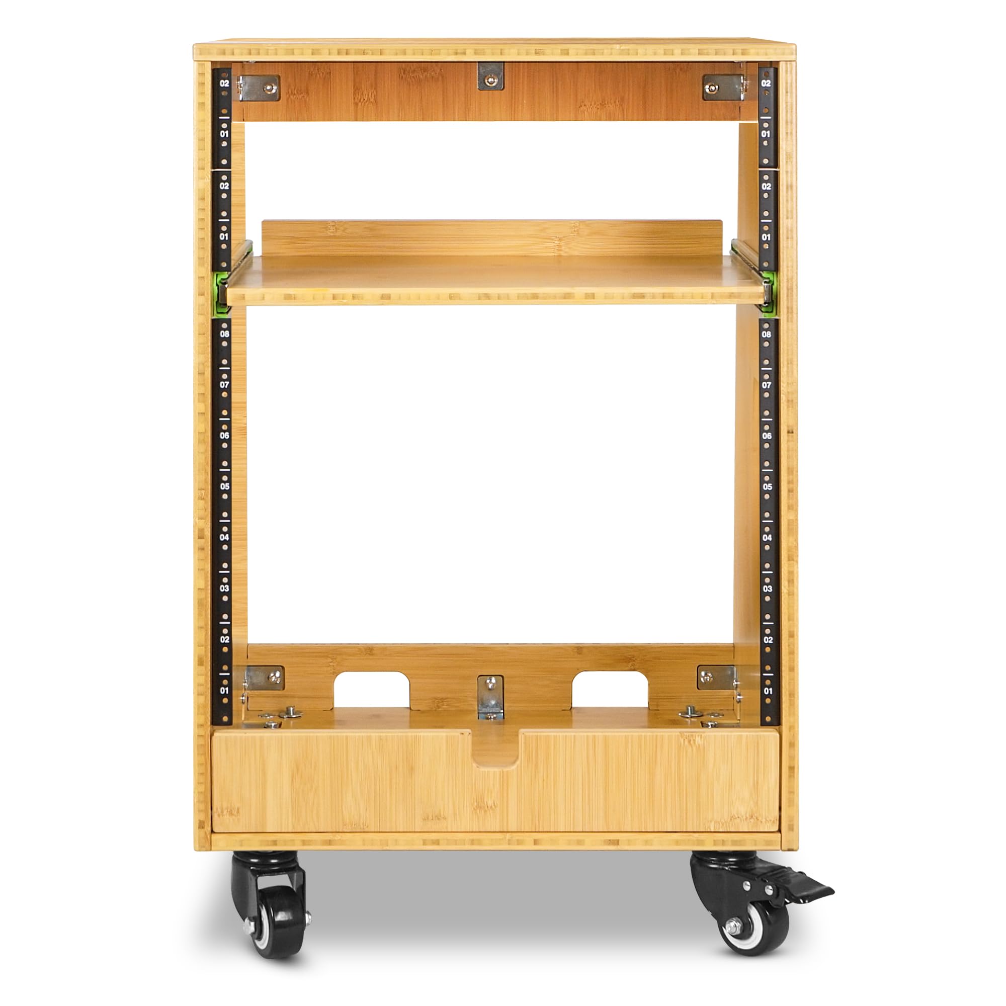 Sound Town DIY Solid Carbonized Bamboo Slanted 12U Studio Rack (4U Top + 8U Lower), with 2U Bottom Storage, Slide-Out Tray, Caster, For Recording Room, Home Studio (STBR-ST12T)