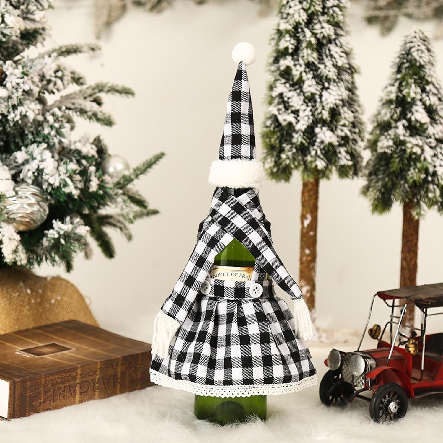 3 Pcs Christmas Plaid Wine Bottle Cover Christmas Plaid Dress Scarf Hat Wine Bottle Decorations Xmas Champagne Decorations for Xmas New Year Party Table Accessories (Black)