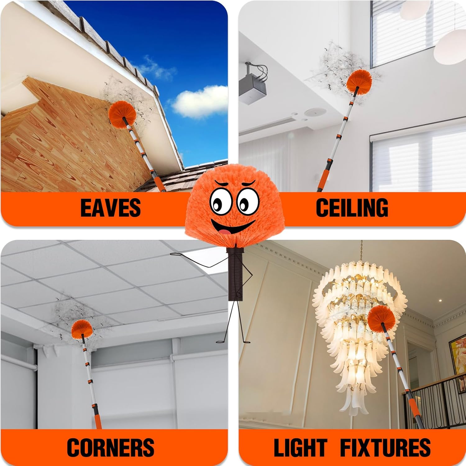 26FT Reach Cobweb Duster with Extension Pole - Spider Web Brush for Cleaning with 5-20FT 4-Section Flip-Lock Telescopic Pole, Effortlessly Cleans High Indoor & Outdoor Webs