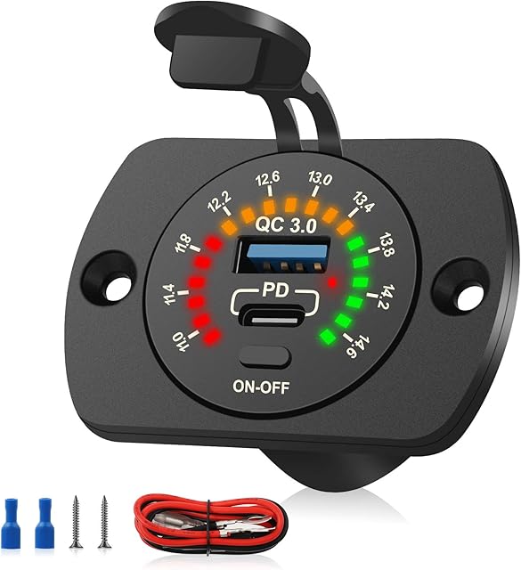 USB C Car Charger Socket 12V, 36W QC 3.0 USB and Type C Charger Fast Charge Power Outlet with Switch and LED Voltmeter for Auto Marine Boat Motorcycle Truck Golf Cart
