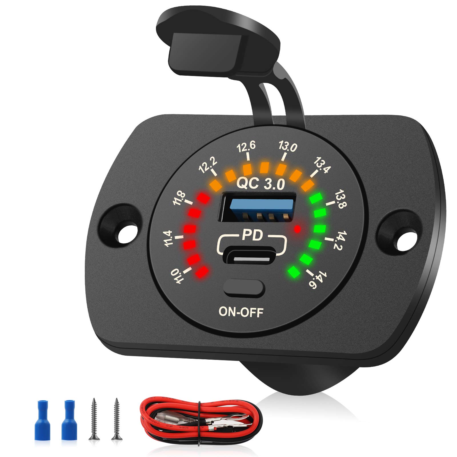 Linkstyle12V USB Outlet, Type C and Quick Charge 3.0 USB Socket, Colorful Voltmeter, Switch, for Marine Boat Motorcycle Golf