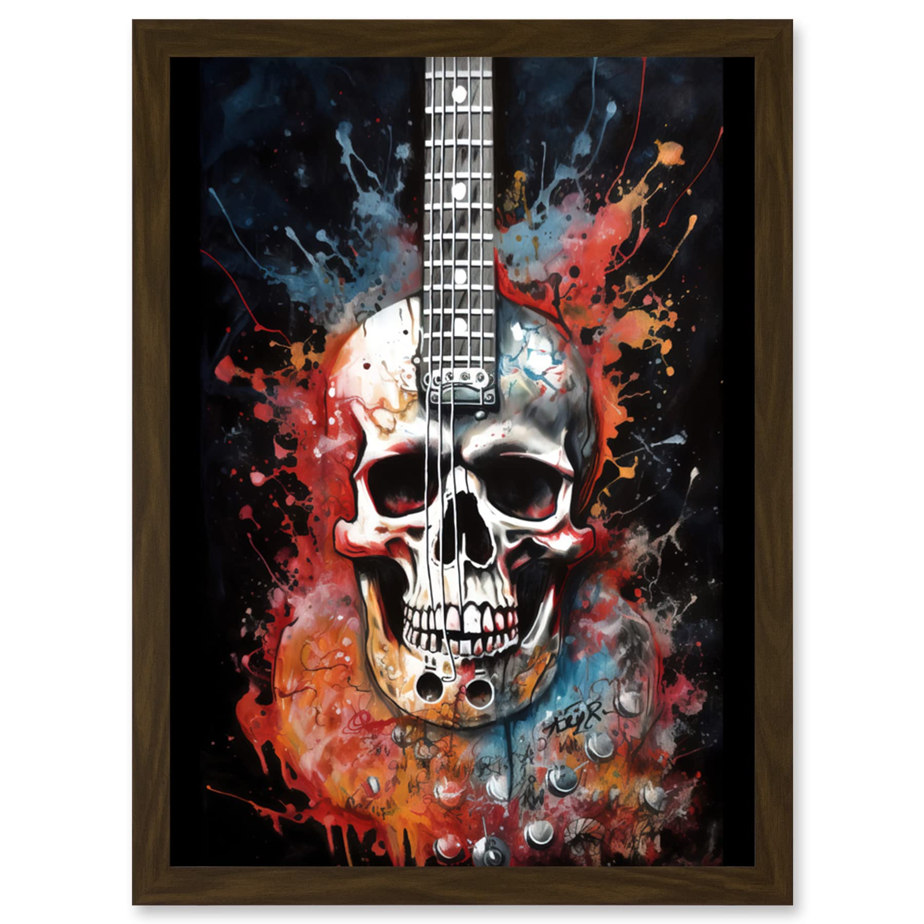 Artery8 Electric Skull Guitar Death Metal Music Concept Splatter Art Modern Acrylic Painting Artwork Framed Wall Art Print A4