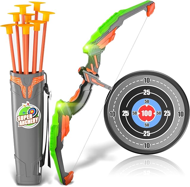 Doloowee Bow and Arrow for Kids Toys with LED Lights - Archery Set Includes 1 Super Bow, 8 Suction Cups Arrows, Target with Strapped Shoulder Quiver Indoor and Outdoor Toys for Boys and Girls