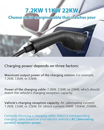 EzGoGo Type 2 Charging Cable, 32A / 7.2kW / 1 Phase / 8 Meter/Mode 3, Type 2 to Type 2 EV Charging Cable Facilitates Fast Charging for Electric Vehicles