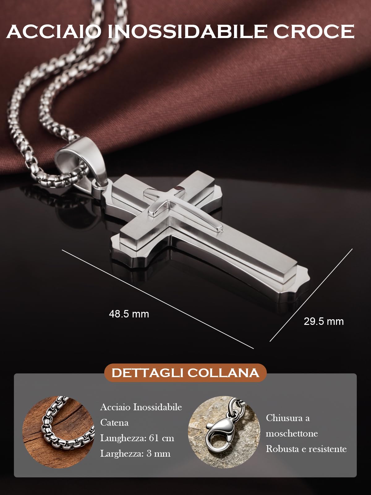 Collana Croce Uomo Argento/oro/nero Ciondolo Croce da Uomo Acciaio Inossidabile 316L Gioielli Cristiani