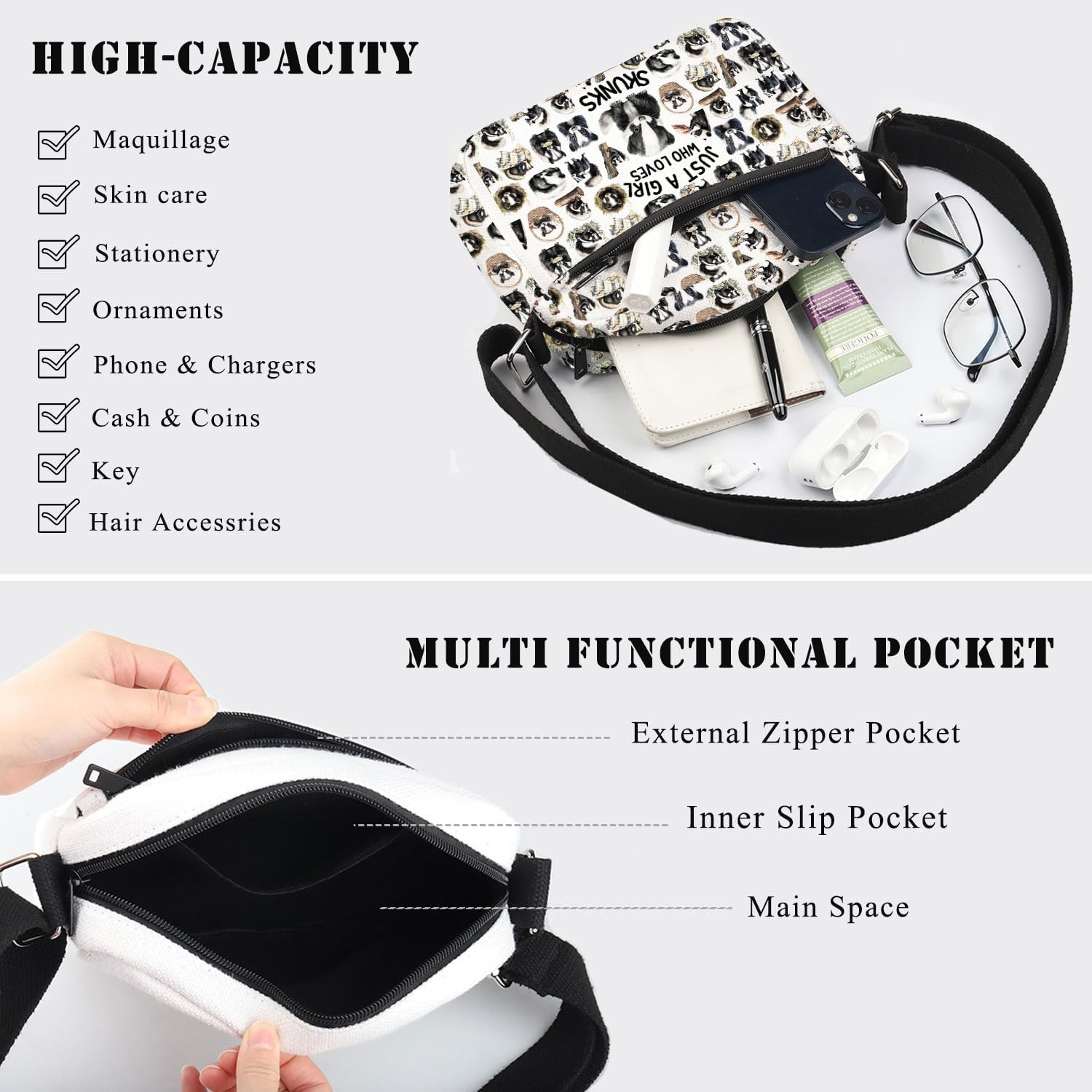 BDPWSS Skunk Crossbody Bag Skunk Lover Gift Just A Girl Who Loves Skunks Messenger Bag Veterinarian Gifts Animal Lover Gifts