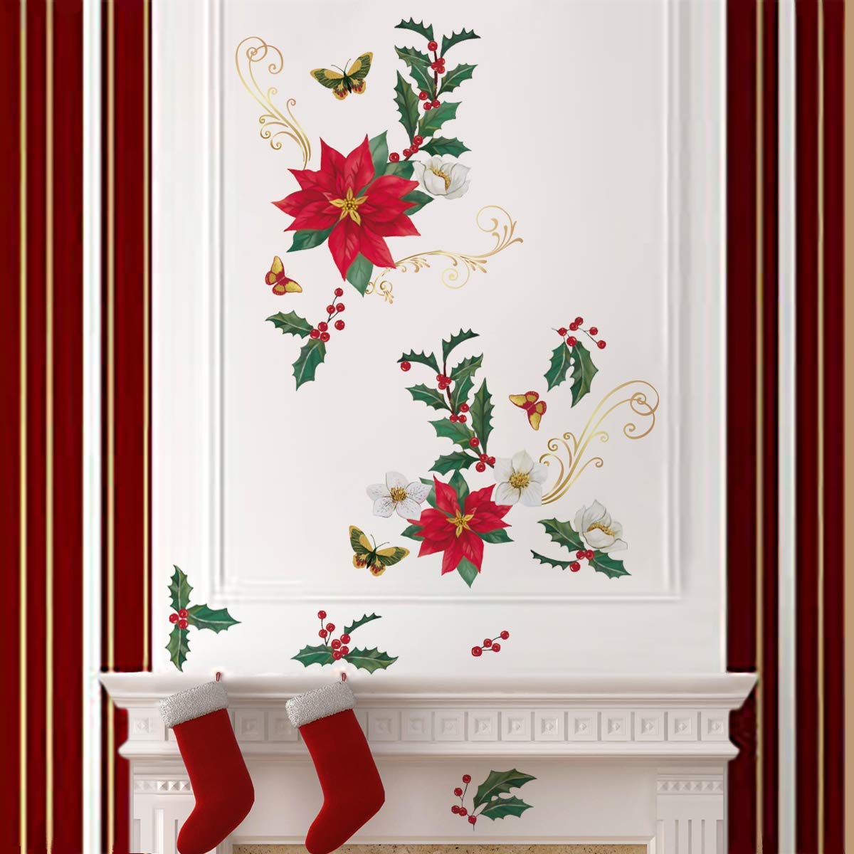 ufengke Pegatinas de Navidad Flor de Nochebuena Vinilos Calcomanías de Ventana DIY Mariposas para Vitrina Hogar Decoración de Navidad