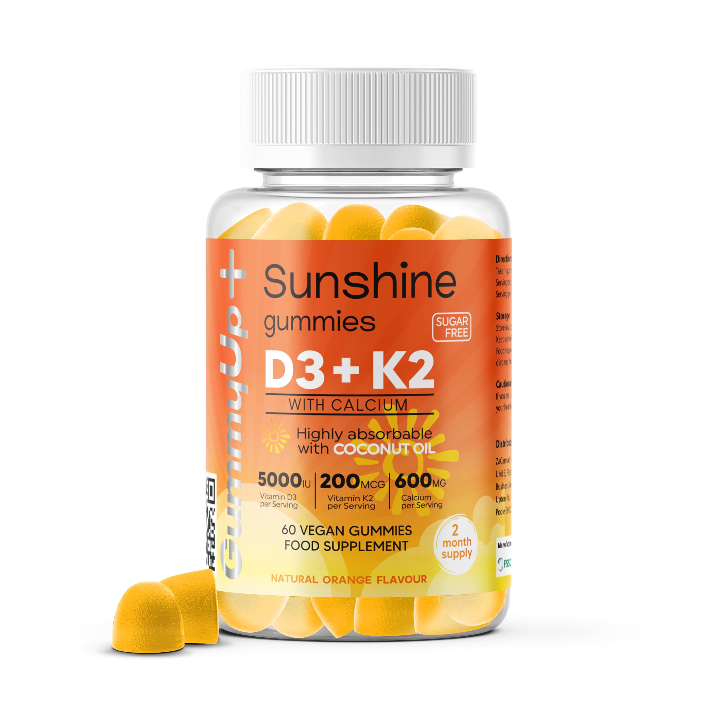 – Sunshine D3 + K2 MK-7 Immunity Gummies | Sugar-Free | 2-Month Supply | with Calcium | 5000 IU Vitamin D3 | Vegetarian | GummyUp+