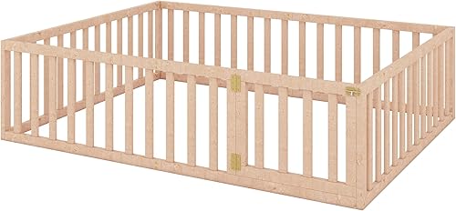 Miniatura 89 de P PURLOVE Cama de suelo de madera tamaño Queen, marco de cama con barandilla en forma de valla y puerta que se puede cerrar para niños y niñas,