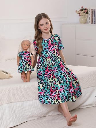 Bow Dream Girls Dress and Matching Doll Clothes Accessories for Girls Short Sleeve Leopard Kids Dress