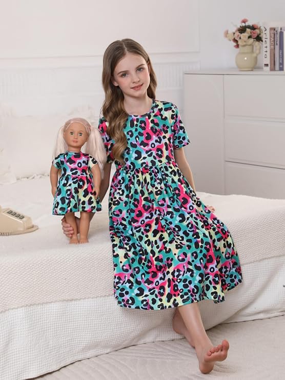 Bow Dream Girls Dress and Matching Doll Clothes Accessories for Girls Short Sleeve Leopard Kids Dress