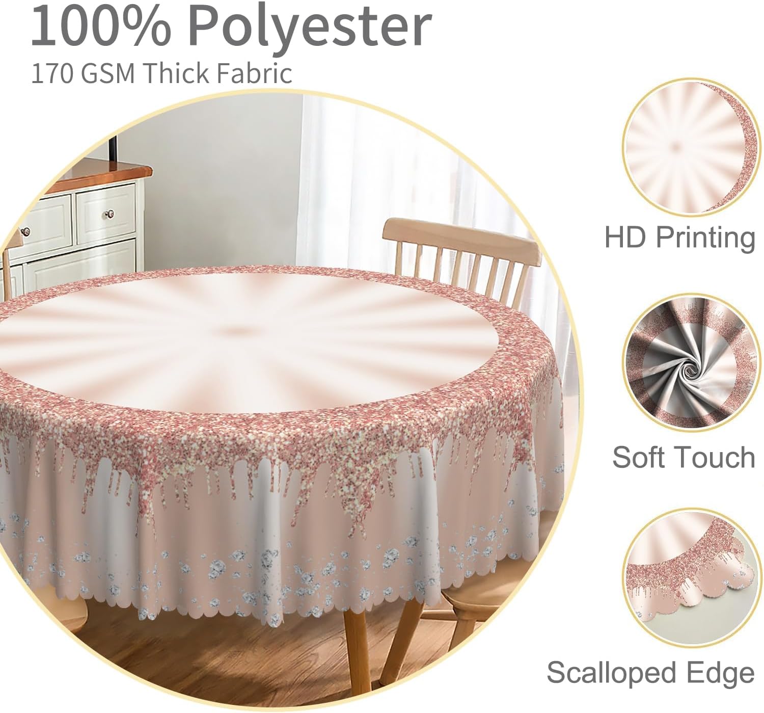 Pink Round Tablecloth 70 Inch Pink Rose Gold Dripping Glitter Silver Diamonds Circular Table Cloth Waterproof Fabric Table Cover for Kitchen Dining Room Patio Banquet Birthday Party Supplies