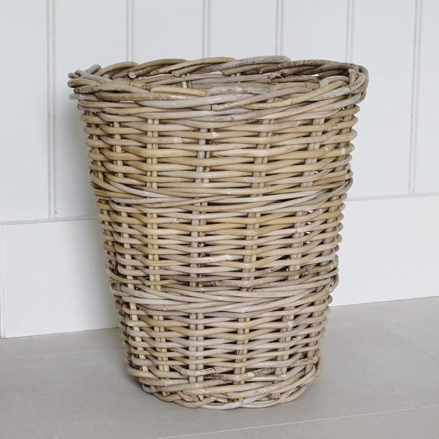 Round Wicker Waste Paper Bin Basket Grey and Buff Rattan