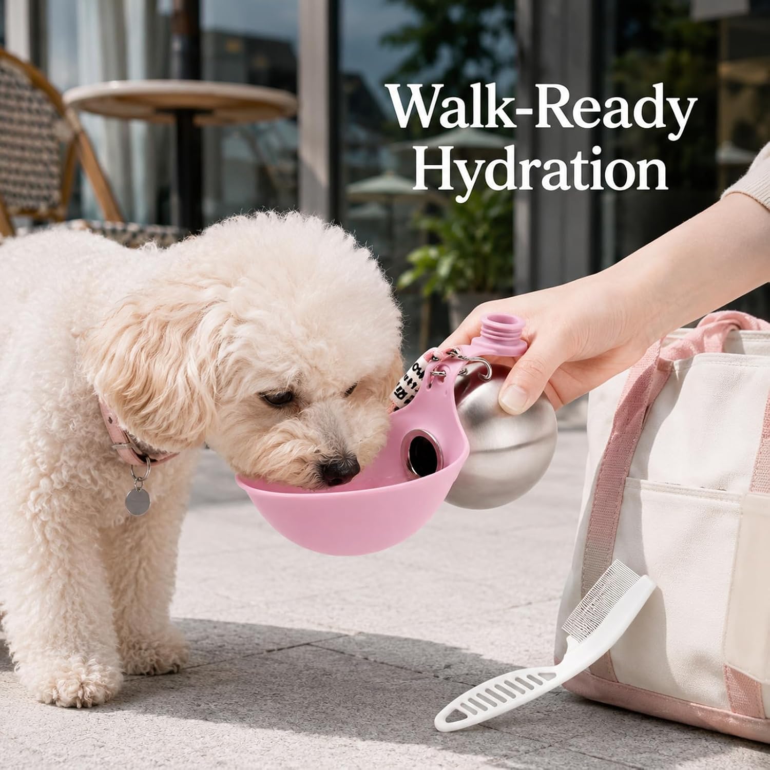 2 in 1 Portable Dog Water Bottle, 10 oz Stainless Steel Pet Dispenser with Silicone Foldable Bowl, Outdoor Dog Walking Accessory for Walking, Hiking & Trave, Includes Comb(Pink)