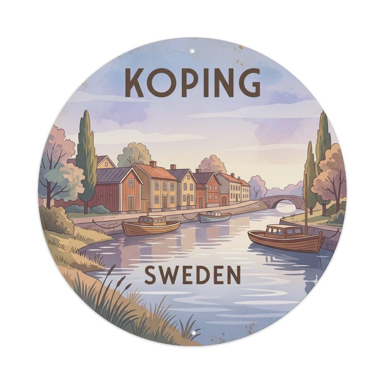 Vintage Travel Koping Sweden Riverside Metal Tin Sign