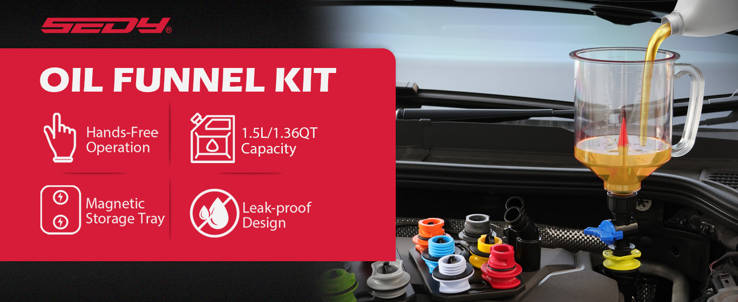 Image of 18-Piece Engine Oil Funnel Kit, 1.59QT /1.5L Automotive Oil Funnel Set with 12 Adapters, Elbow Fitting, Arrow Screen and Magnetic Storage Hooks Tray, Compatible with GM, Ford, BMW, Audi, Land Rover Etc