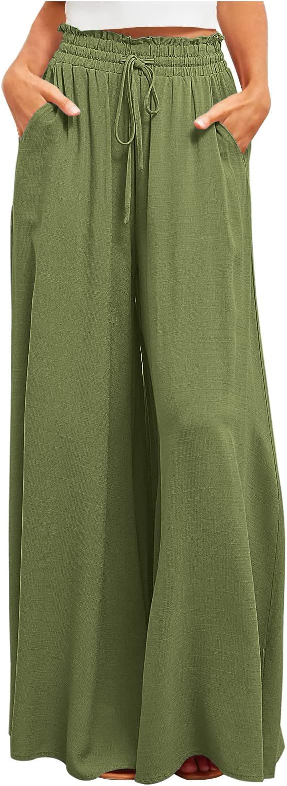 SMIDOWPalazzo Pants for Women Dressy Casual 2024 High Waist Wide Leg Flowy Pants Loose Long Lounge Trousers