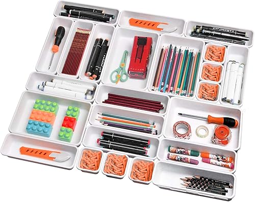 Toolly 42 unidades de cajones de escritorio entrelazados, separadores de bandejas de plástico poco profundos y estrechos, organizadores de cajones