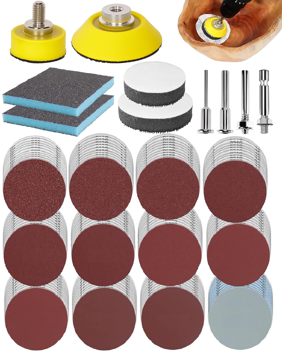Disques abrasifs de 5,1 cm auto-agrippants en lot de 250 pièces avec tiges de support pour perceuse