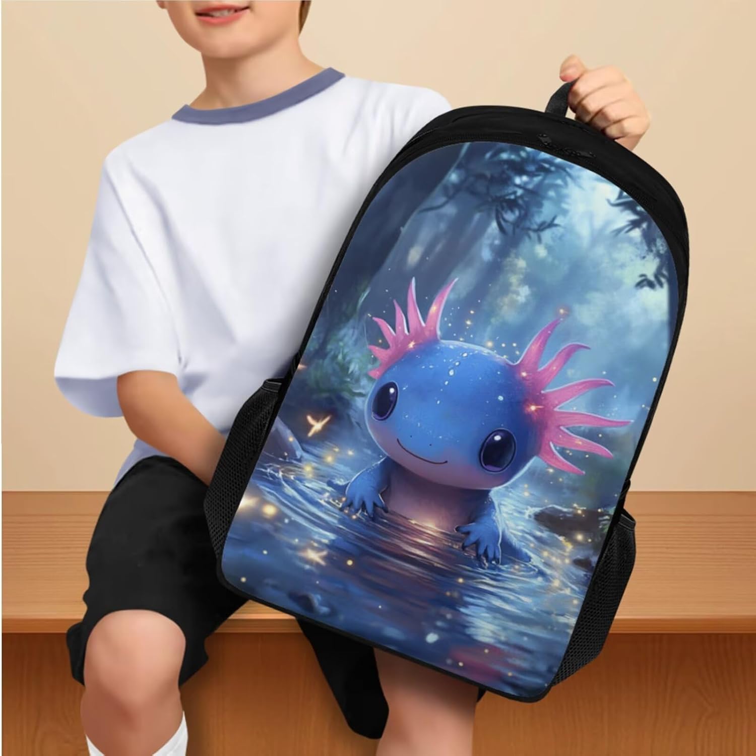 Ystardream Blue Axolotl Backpack for Boys Backpack With Lunch Box Set 5th Grade Bookbag Cute Girls Boys Elementary Primary Student Book Bag with Side Pocket for Water Bottles 17 Inch Schoolbag