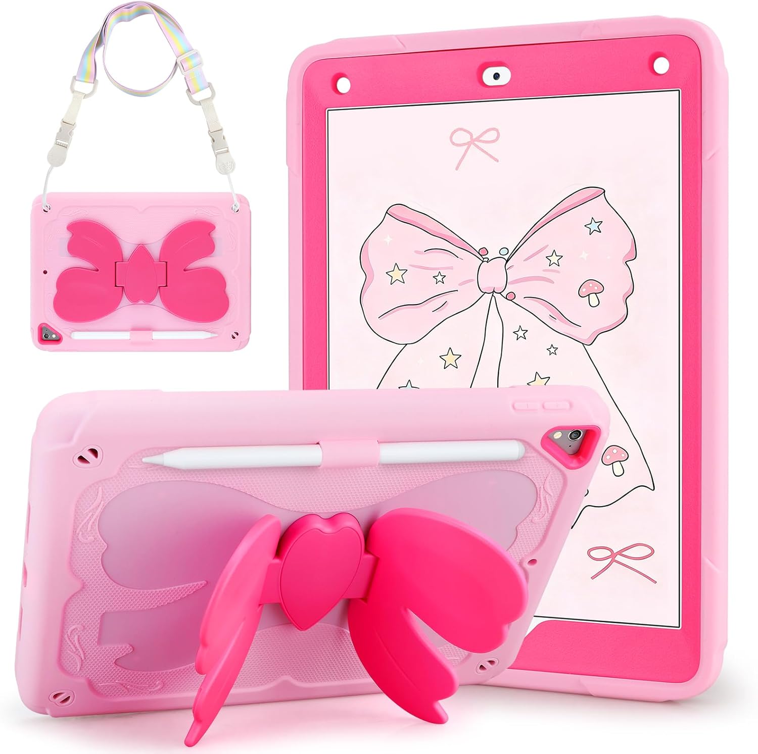 VOFUOE for iPad 6th/5th Generation Case for Kids Girls for iPad 9.7 Case 2018 2017 with Bow Stand Shoulder Strap Pencil Holder 2 in 1 Hard Protective Cover for iPad Pro/iPad Air 2th-Pink& Hot Pink