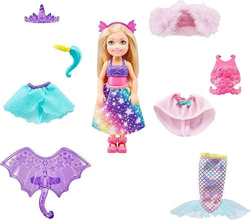 Barbie Dreamtopia Chelsea - Juego de muñecas y disfraces con 12 modas de fantasía y accesorios temáticos de la realeza, sirenas, unicornios y