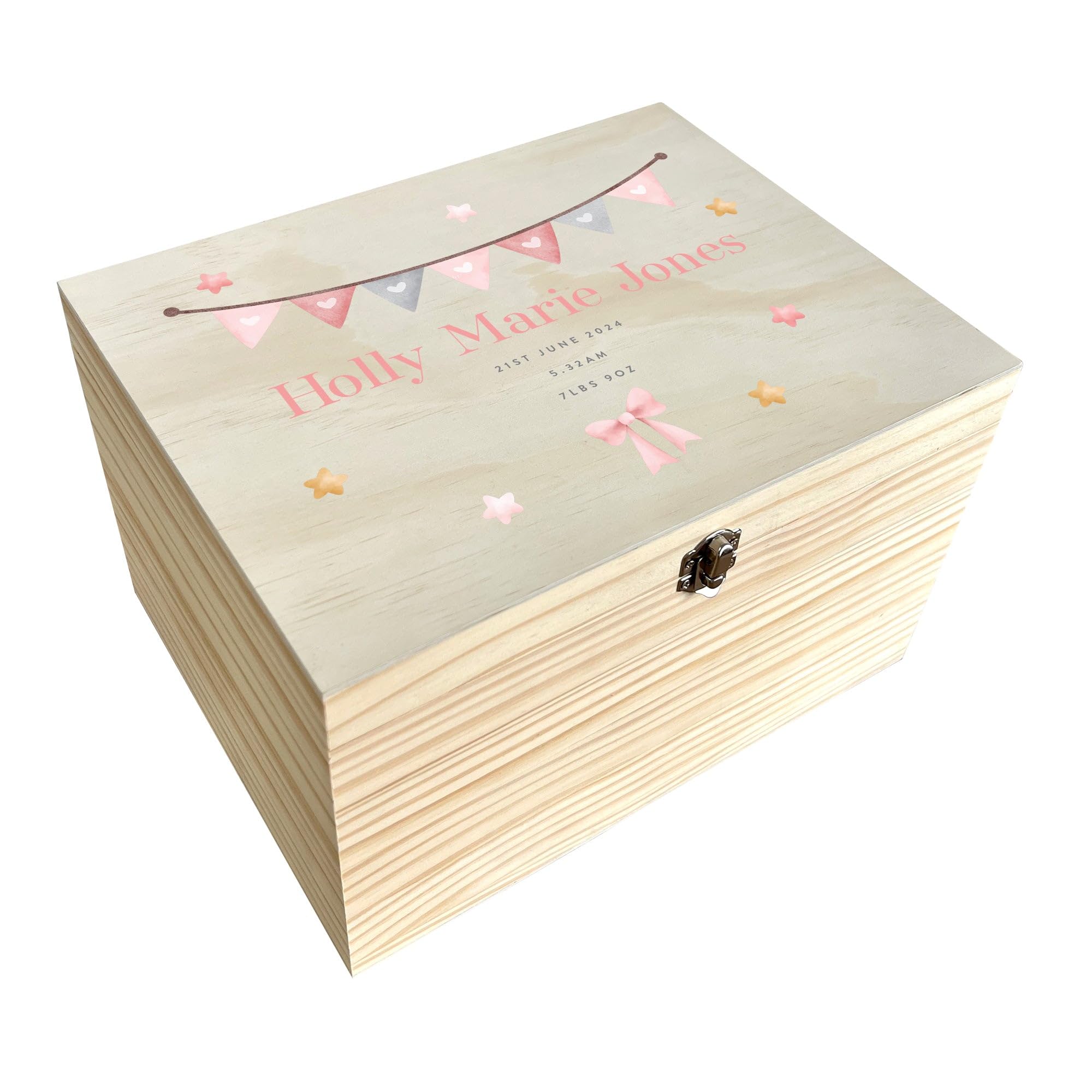 Personalised Pink Garland Baby Keepsake Box for Treasured Memories and Newborns | Pine with Metal Hinges & Clasp | W30cm x D22.9cm x H18cm
