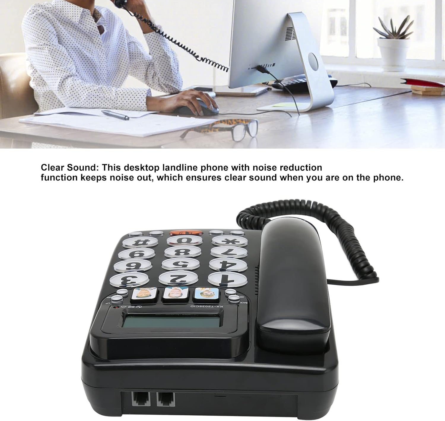 Von oben nach unten view of the Zunate KX-T2035CID corded phone, showing the large numeric keypad, display screen, and function buttons.