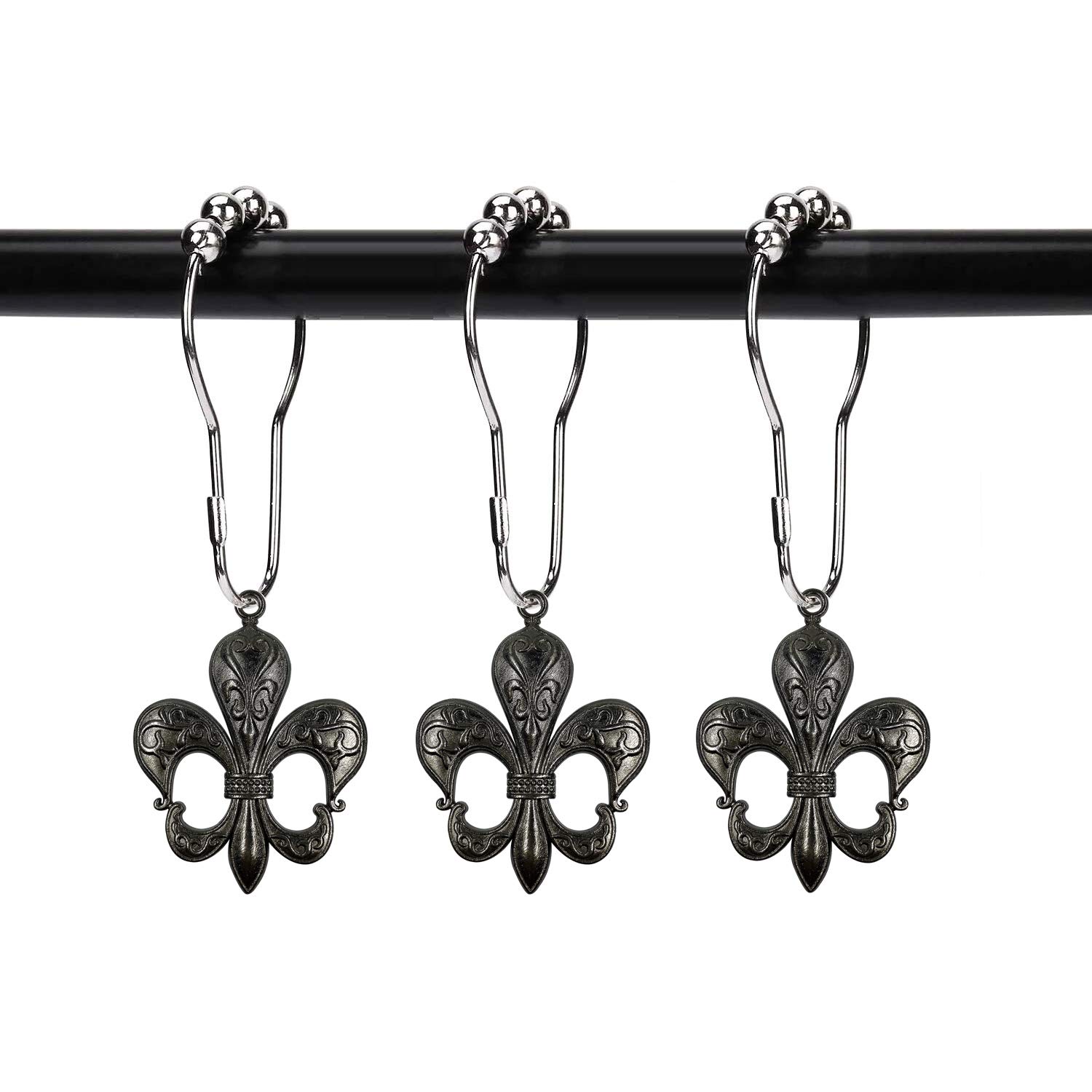 Set of 12 Fleur De Lis Shower Curtain Hooks French Lily Royal Heraldry French Cottage Chic Historical Theme Style Decorative Home Bathroom Stainless Steel Rustproof (Black)
