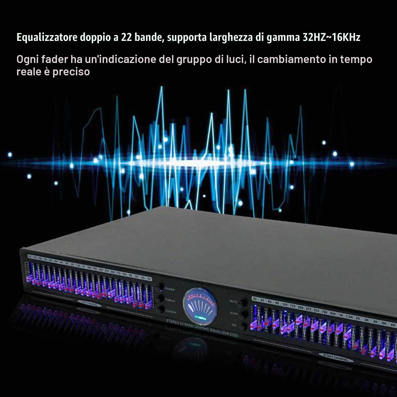 Equalizzatore Audio a 24 Bande, Equalizzatore Audio Digitale, con Display a Spettro LED, 10 Effetti Preimpostati, Riduzione del Rumore, Regolazione Bassi/Medi/Alti