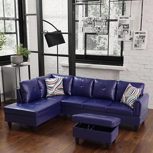 L Shaped Couch Sectional Couches with Chaise and Storage Ottoman, 3 Pieces Modular Convertible Sofa for Living Room Furniture Sets and Small Apartment Faux Leather, Dark Blue