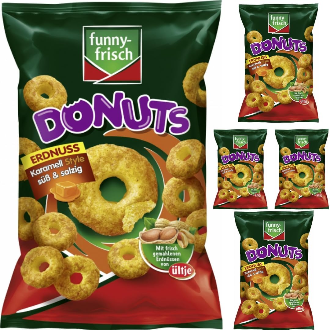 Funny-frisch Donuts Erdnuss Karamell Style süß & salzig Chips Cracker 110 gramm x 5 Stück mit Pufai