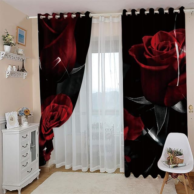 CLZLH Curtains For Living Room Blackout Curtains 3D Red, Fashion, Flower, Rose Printing Pattern Eyelet Curtains 27X63 Inch Drop Home Bedroom Living Room Nursery Decoration Energy Saving Noise Reduce
