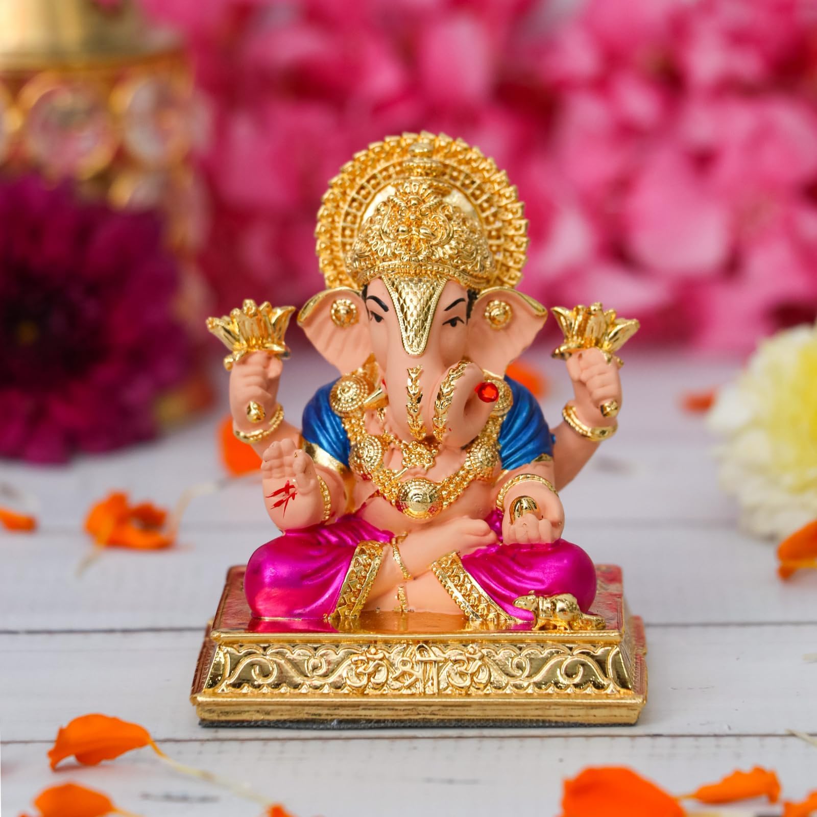 Gold Plated Lord Dagdusheth Ganesha Idol for Car Dashboard | Ganesh Murti for Home Decor, Gifting & Pooja Room - (Multi color) - ‎3.5 x 3 x 2 Inches