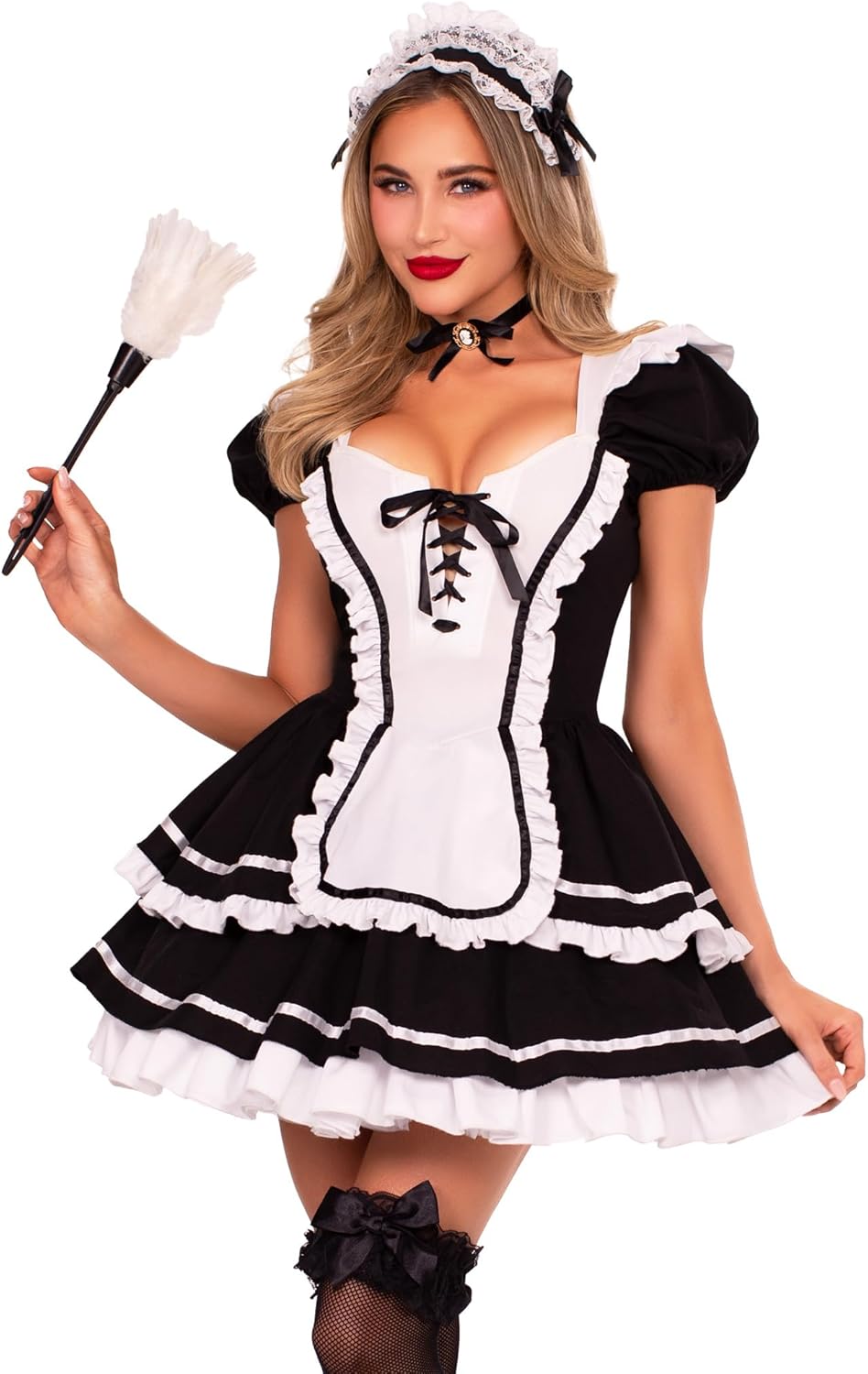 Maid to Flirt Costume, Includes Ruffle Trimmed Dress With Lace-up Bodice and Tiered Skirt, Pin-on Back Bow