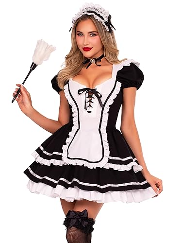 Maid to Flirt Costume, Includes Ruffle Trimmed Dress With Lace-up Bodice and Tiered Skirt, Pin-on Back Bow - Small