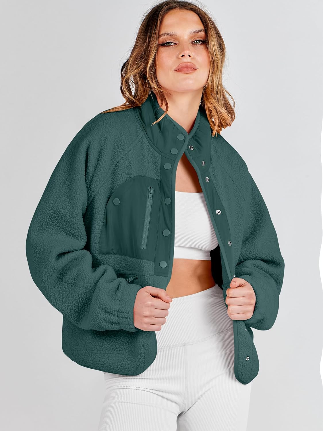 ANRABESS Womens Fuzzy Fleece Jacket Fall Casual Long Sleeve Cropped Sherpa Button Down Shacket Coats Outwear With Pockets - Image 2